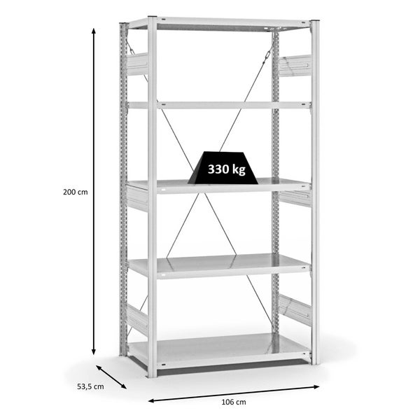 PROREGAL Fachbodenregal Stecksystem T-Profil Heavy-Duty Grundregal HxBxT 200 x 100 x 50 cm 5 Ebenen Fachlast 330 kg Einseitig Nutzbar Lichtgrau