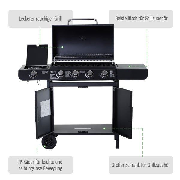 Outsunny Gasgrill, 125 x 51 x 100 cm, Stahl, Kunststoff, Schwarz