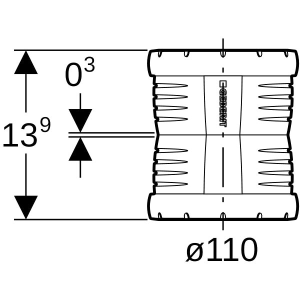 Technische Zeichnung einer Geberit Silent-db20 Manschette mit einem Durchmesser von 110 Millimetern und einer Höhe von 13,9 Zentimetern.