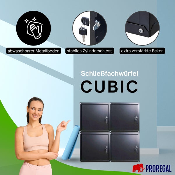 Schließfachwürfel CUBIC aus Metall mit vier abschließbaren Fächern, Zylinderschlössern, verstärkten Ecken und abwaschbarem Boden. PROREGAL Logo.