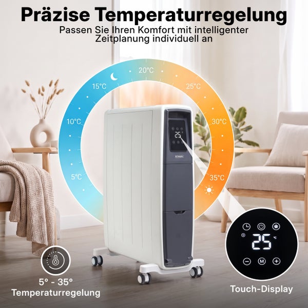 Mobiler Konvektor Dimplex mit Touch Display und präziser Temperaturregelung von 5 bis 35 Grad Celsius in einem hellen Wohnraum.