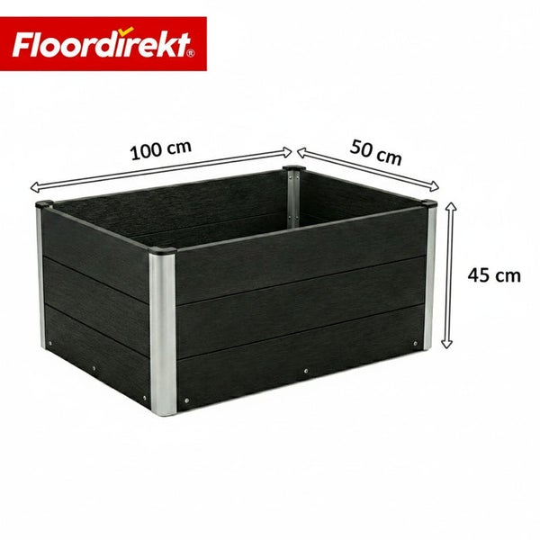Pflanzkasten aus Holzverbund mit den Maßen 100 x 50 x 45 cm.