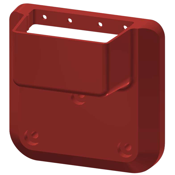 Montageplatte aus rotem Kunststoff mit vier kleinen und drei großen Befestigungslöchern.
