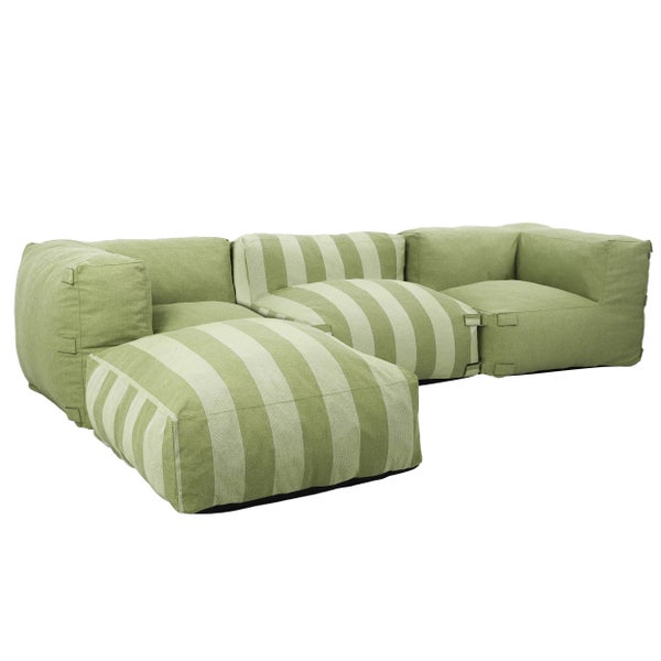 Grünes modulares Outdoor-Lounge-Sofa-Set aus Textil mit gestreiften und einfarbigen Sitzmodulen und einem Hocker.