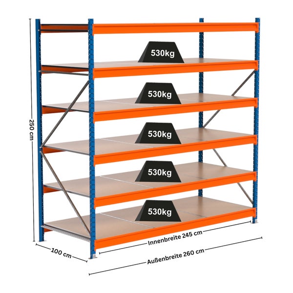 Regal mit fünf Ebenen und einer maximalen Belastbarkeit von 530 Kilogramm pro Ebene