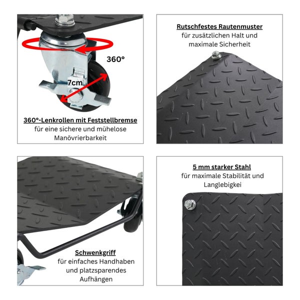 Transportroller aus 5 Millimeter Stahl, Rautenmuster, 7 Zentimeter Lenkrollen mit 360 Grad Drehung und Feststellbremse, Schwenkgriff.