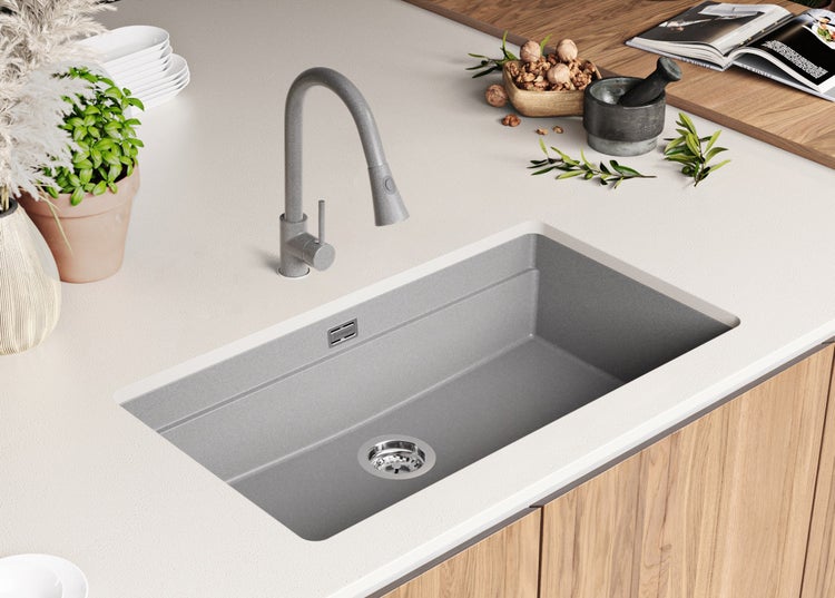 PRIMAGRAN Unterbauspüle Granit Grau 86x47cm, Spülbecken 1 Becken + Ablauf-Set + Aufrollbare Abtropffläche, Granitspüle ab 90er Unterschrank - Praga
