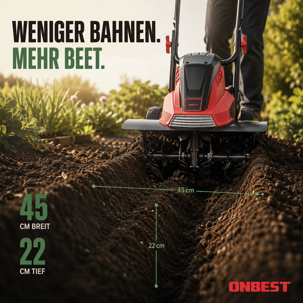 ONBEST Motorhacke bearbeitet Erde in einem Gartenbeet mit einer Arbeitsbreite von 45 Zentimeter und einer Arbeitstiefe von 22 Zentimeter. ONBEST Logo