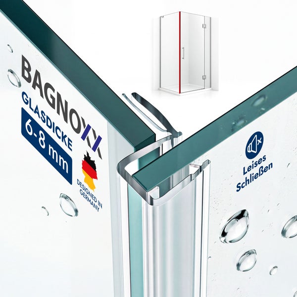 Nahaufnahme eines BAGNO Duschkabinen-Glasprofils für 6 bis 8 Millimeter Glasdicke mit Funktion für leises Schließen.
