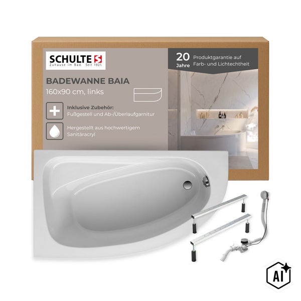 Schulte Baia Badewanne 160x90 cm links aus Sanitäracryl inklusive Fußgestell und Ab- und Überlaufgarnitur in Verpackung
