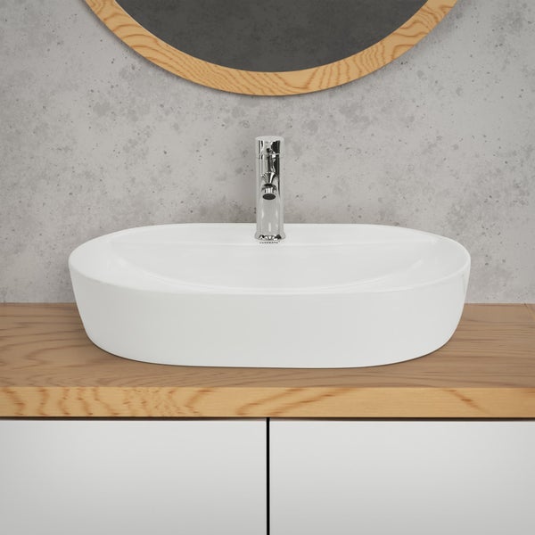 ML-Design Waschbecken aus Keramik in Weiß 60x40x12 cm Oval inkl. Ablaufgarnitur, Moderne Aufsatzwaschbecken, Design Waschtisch Aufsatz-Waschschale Waschplatz Handwaschbecken, für Badezimmer/Gäste-WC