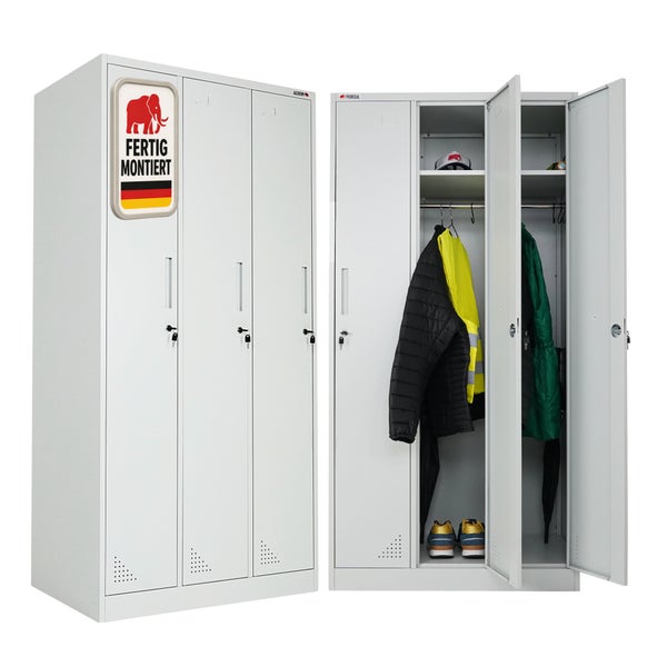 Dreiteiliger Metallspind in Lichtgrau, Proregal Logo, links geschlossen und fertig montiert, rechts offen mit Kleidung und Schuhen.