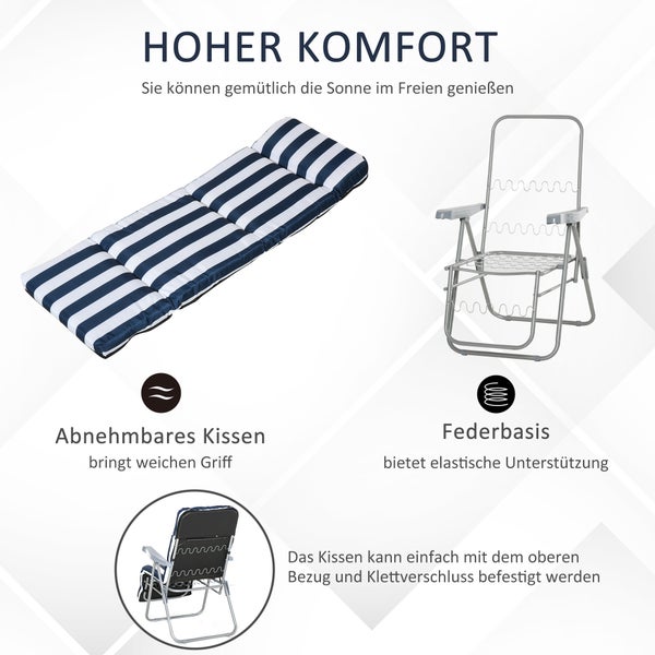 Outsunny Sonnenliege, Armlehne klappbar, 2 x Klappstühle, 5 Positionen Auflage, 60 x 75 x 102 cm, Stahl, Polyester, Schaumstoff, Blau