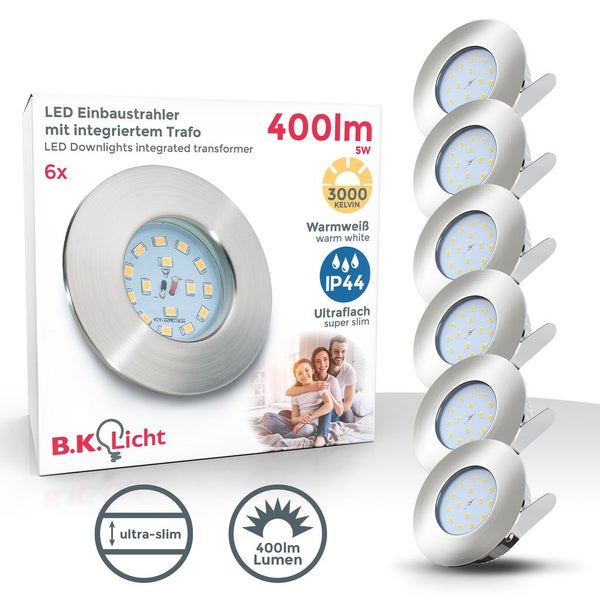 B.K. Licht LED Einbaustrahler Set mit integriertem Trafo, 6 Stück
