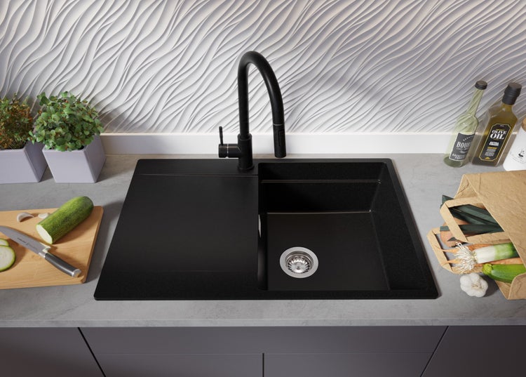 PRIMAGRAN Granitspüle Schwarz 78x50cm, Spülbecken 1 Becken + Küchenarmatur 32x20cm + Ablauf-Set + Aufrollbare Abtropffläche, Küchenspüle ab 50er Unterschrank - San Francisco