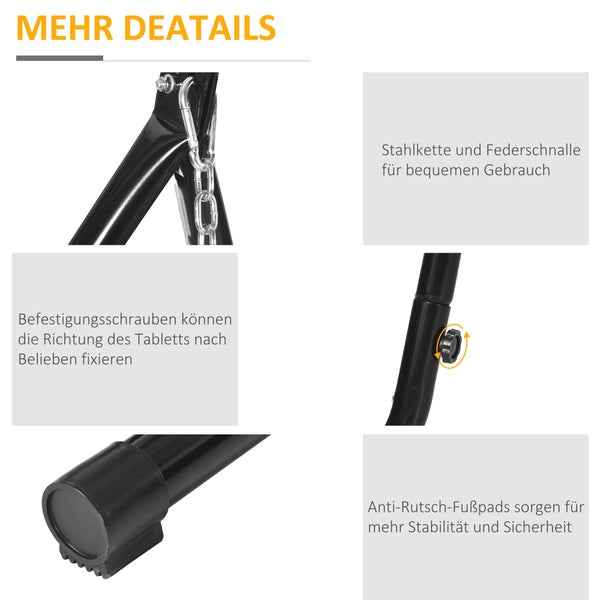 Schwarzes Metallgestell für Hängesessel mit Getränkehalter, Höhe 215 Zentimeter, Standfläche 110 mal 110 Zentimeter.