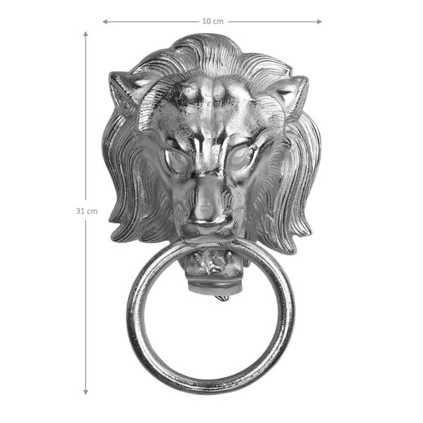 WOMO-DESIGN Handtuchhalter Löwenkopf mit Ring, aus Aluminium vernickelt, Unikat, Silber, (BxH): 10x31 cm, Designer Löwenkopf, Handtuchring Türklopfer Löwe Lion Wandfigur WC Bad Dekoration Accessoire
