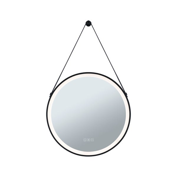 Runder LED-Badezimmerspiegel mit schwarzem Rahmen, dekorativem Aufhängeseil und integrierten Touch-Sensoren.