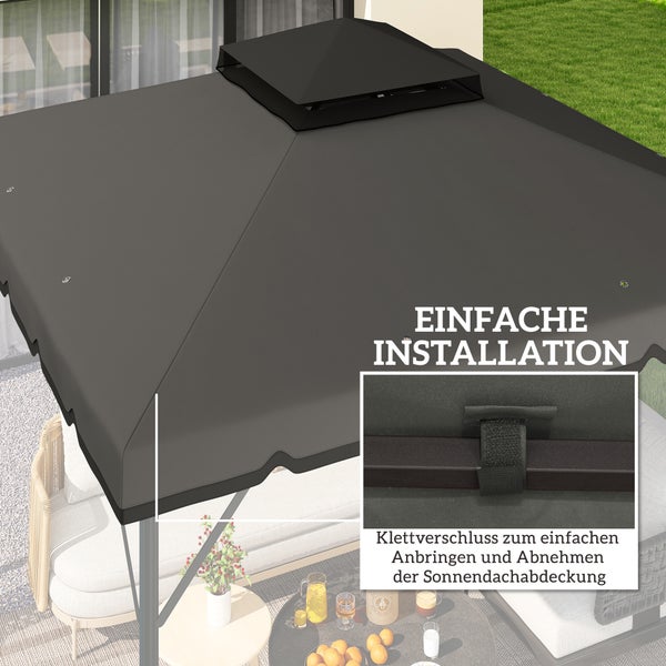 Pavillondach mit Detailansicht eines Klettverschlusses zur einfachen Befestigung am Metallrahmen.