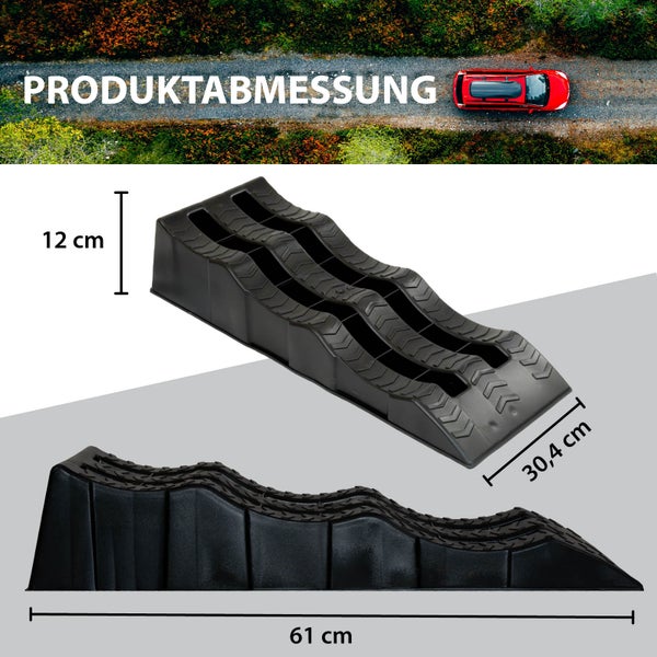 Abmessungen eines schwarzen Auffahrkeils mit einer Höhe von 12 cm, einer Breite von 30,4 cm und einer Länge von 61 cm