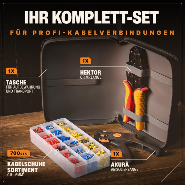 BAURIX® Crimpzange Set mit 700 Kabelschuhe und Abisolierzange I Kabelschuhzange für 0,50-6,00 mm² Kabelhülsen I Kabelschuh Zange, Crimpzangen, Krimpzange, Crimp Zange, Presszange