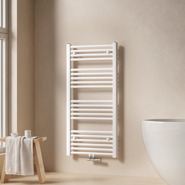 EMKE Badheizkörper Handtuchheizkörper 100x50 cm, Wasserbetrieb, Mittelanschluss, 427W, Rundrohr-Design, Weiß, für Badezimmer