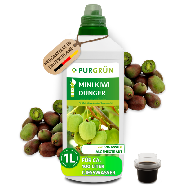 Purgrün Bio Mini Kiwi Dünger in einer 1 Liter Flasche für kräftiges Pflanzenwachstum mit Vinasse und Algenextrakt