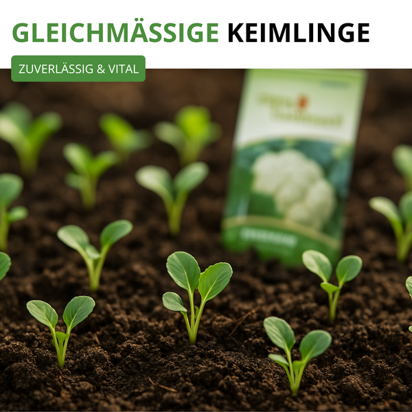 Gleichmäßige und vitale Keimlinge in Erde mit einer Blumenkohl-Samentüte im Hintergrund.