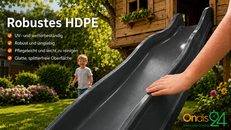 Gartenrutsche aus High-Density Polyethylen, ultraviolettbeständig, pflegeleicht, mit Kind und Baumhaus im Hintergrund. Ondis24 Logo.