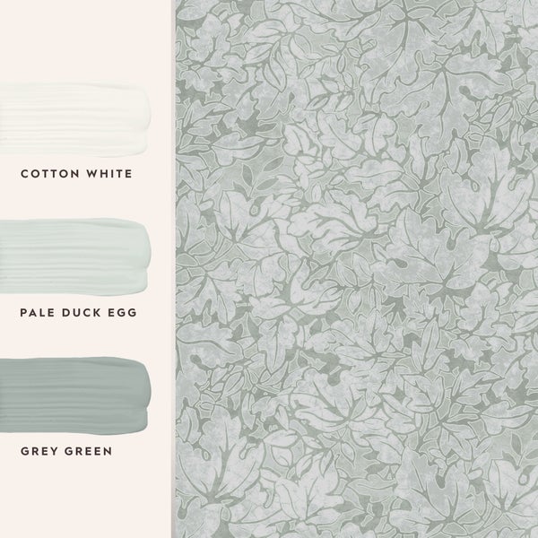 Tapete mit Blattmuster und drei Farbbeispielen für Cotton White, Pale Duck Egg und Grey Green.