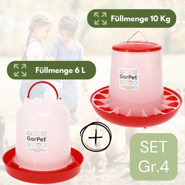 Futterautomat Hühner + Hühnertränke im Set Futterspender Futtertrog Küken Hühner Zubehör Kükentränke Geflügeltränke Wassertränke Wasserspender Gr. 4