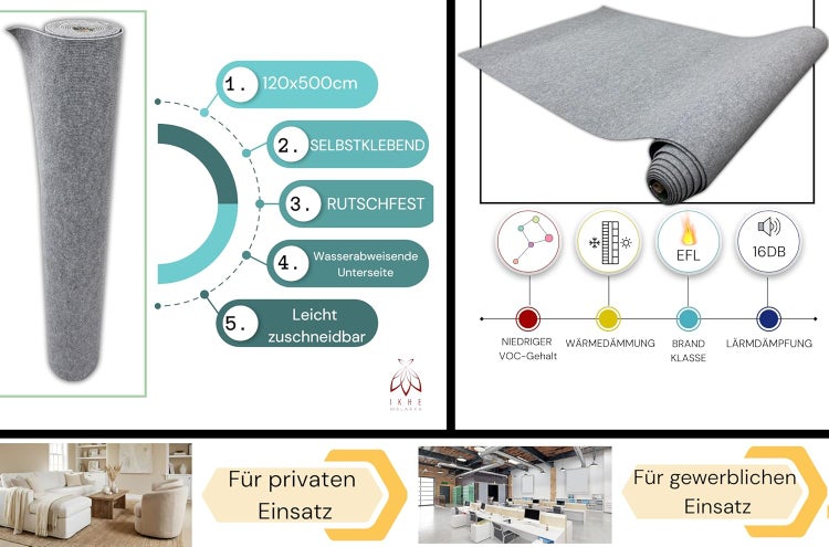 Graue Teppichunterlage auf Rolle mit den Maßen 120 x 500 Zentimeter, selbstklebend, rutschfest, wasserabweisende Unterseite, leicht zuschneidbar.