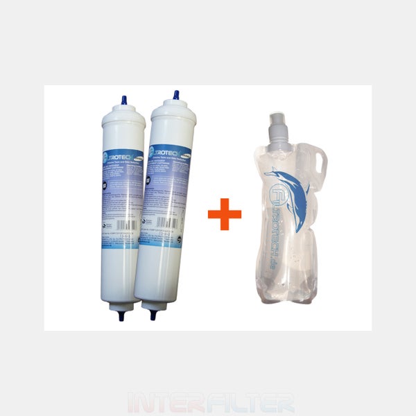 Set bestehend aus zwei Ersatzfilterpatronen von Filtrotech für Wasserfiltersysteme und einer faltbaren Trinkflasche mit Filtrotech Logo