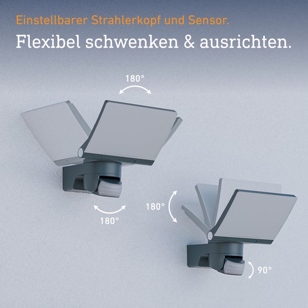 LED-Außenstrahler mit Bewegungsmelder, Strahlerkopf um 180 Grad schwenkbar, Sensor flexibel ausrichtbar.