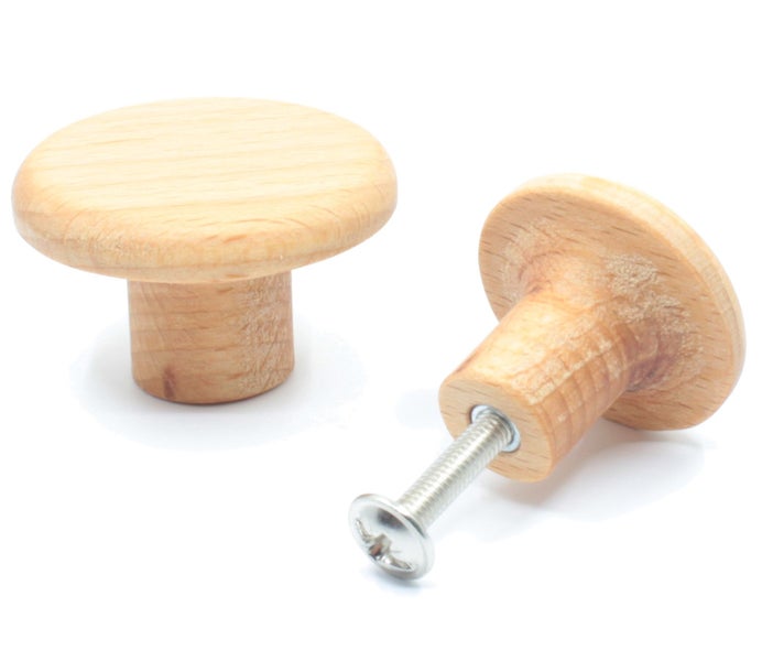 Zwei Möbelknöpfe aus Holz mit Schraube