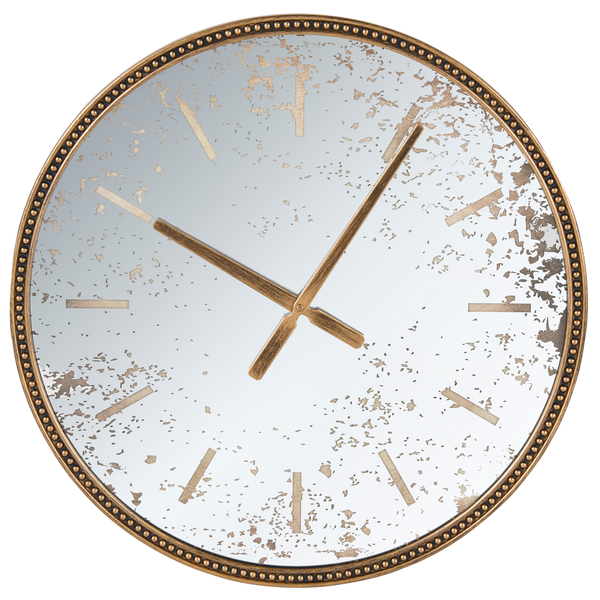 Runde Wanduhr mit antikem Spiegelglas und dekorativem Rahmen in Perlenoptik.