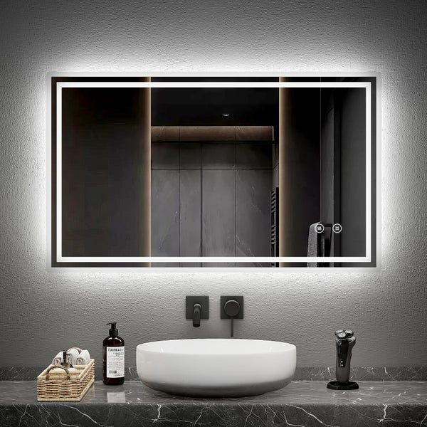 EMKE Badspiegel mit LED-Beleuchtung 100 x 60 cm, Kaltweiß 6500K, Touchschalter & Beschlagfrei, dimmbar, IP44, für Bad