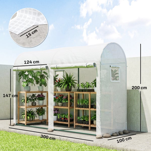 Folientunnel Gewächshaus mit Regalen und Maßen, geeignet für Pflanzenaufzucht im Garten.
