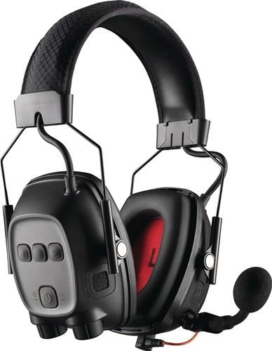 Schwarzer Kapselgehörschutz mit Mikrofon und Bluetooth Funktion.