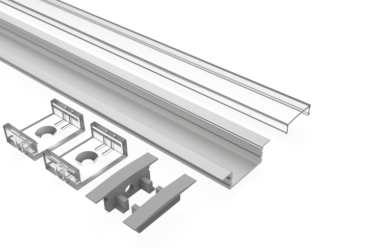 TIVENDIS Led Alu Profil 2 m EF Komplett Set für Strip / Streifen bis 12 mm breit | Abdeckung transparent klar, Endkappen |  Einbau Fußleisten Flachprofil eloxiert
