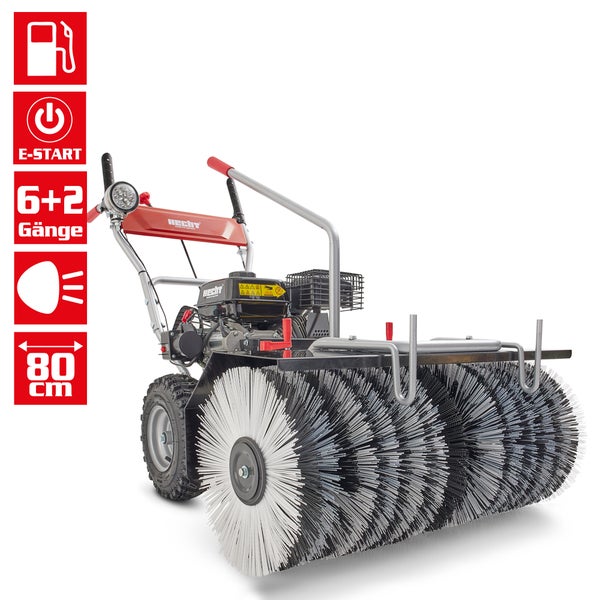 Kehrmaschine mit Elektrostart, sechs Vorwärtsgängen und zwei Rückwärtsgängen, 80 Zentimeter Arbeitsbreite, Hecht Logo
