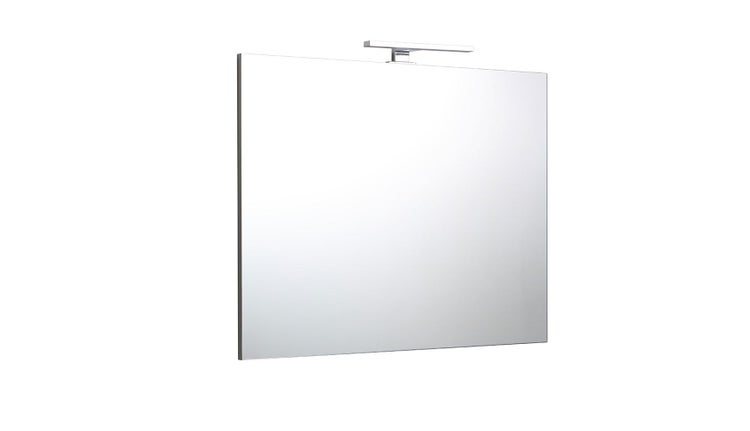 Rechteckiger Badezimmerspiegel mit einer oben angebrachten horizontalen LED-Leuchte.