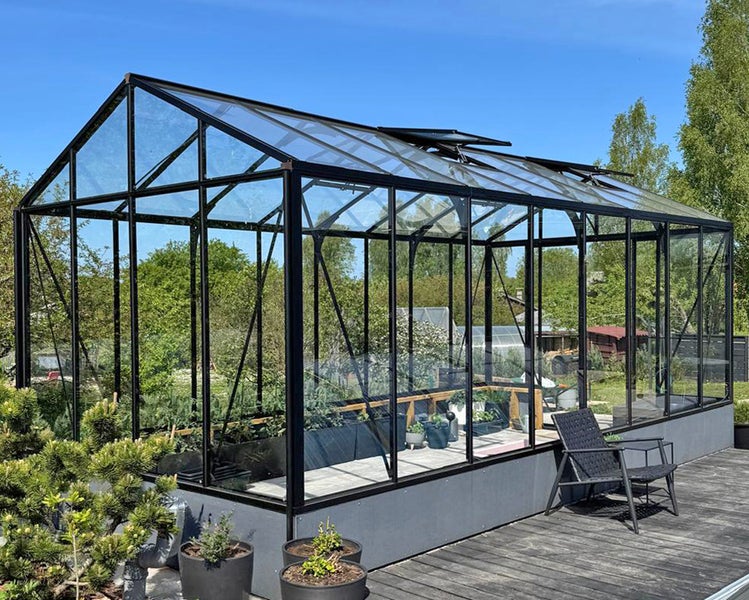 Gewächshaus mit schwarzem Metallrahmen und Glaspaneelen auf grauem Sockel, stehend auf einer Holzterrasse im Garten.