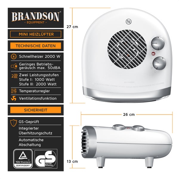 Brandson Heizlüfter 2000W, einstellbares Thermostat, Überhitzungsschutz, Automatische Abschaltung, 3 Leistungsstufen, Weiß/Silber