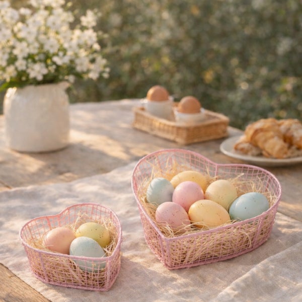 Herzförmige Drahtkörbe mit pastellfarbenen Ostereiern auf Stroh, auf einem hellen Tisch mit Blumen und Gebäck arrangiert.