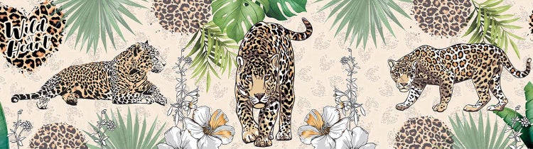 Dekorbordüre mit Jaguar-Motiven, tropischen Blättern, Blüten und dem Schriftzug Wild at Heart.