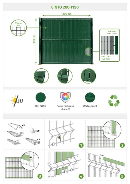 Cinto Zaun 200H190 mit Maßen und Montageanleitung