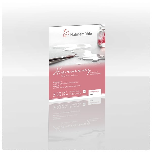Hahnemühle Harmony Aquarellblock mit Hahnemühle Logo, 300 Gramm pro Quadratmeter, 12 Blatt, 8 mal 10,5 Zentimeter, feinkörnig, matt, säurefrei.