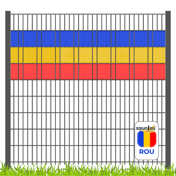 Zaun mit rumänischer Flagge und Zaun zu Logo