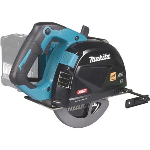Makita XGT Akku-Metallschneider mit bürstenlosem Motor, Akku, ergonomischem Griff, Schutzhaube und Makita Logo.